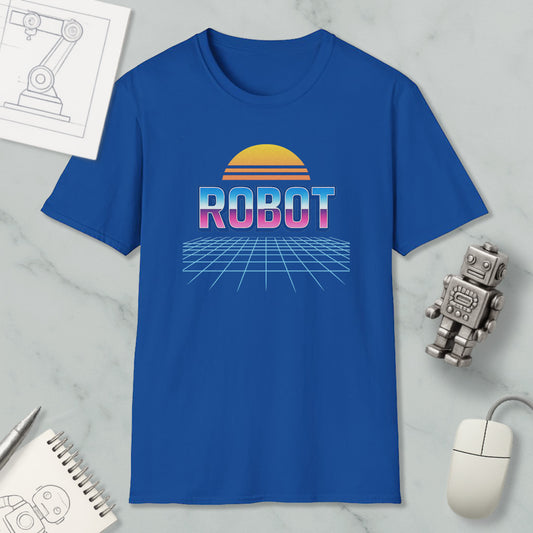 a blue t-shirt with a graphic design of a robot and a sun, along with a computer mouse and a notebook.