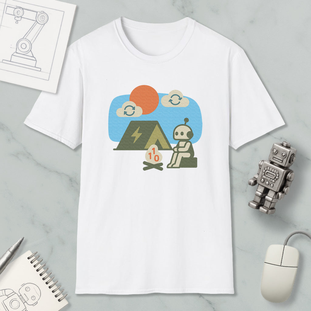 a white t-shirt with a graphic design depicting a robot sitting by a campfire, with a tent and a small robot figurine nearby.