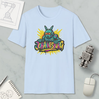 a light blue t-shirt with a colorful graphic design, including a robot and the text "Johannesburg". The t-shirt is placed on a marble surface, along with various objects such as a computer mouse, a pen, and a notebook.