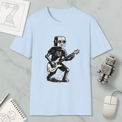 A light blue t-shirt with a graphic of a robot playing a guitar, accompanied by a computer mouse, a notebook, and a sketch of a robot.