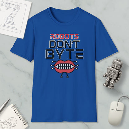 a blue t-shirt with a graphic design that says "ROBOTS DON'T BYTE" and includes a robot mouth with teeth. The t-shirt is placed on a marble surface, along with a computer mouse, a notepad, and a pen.