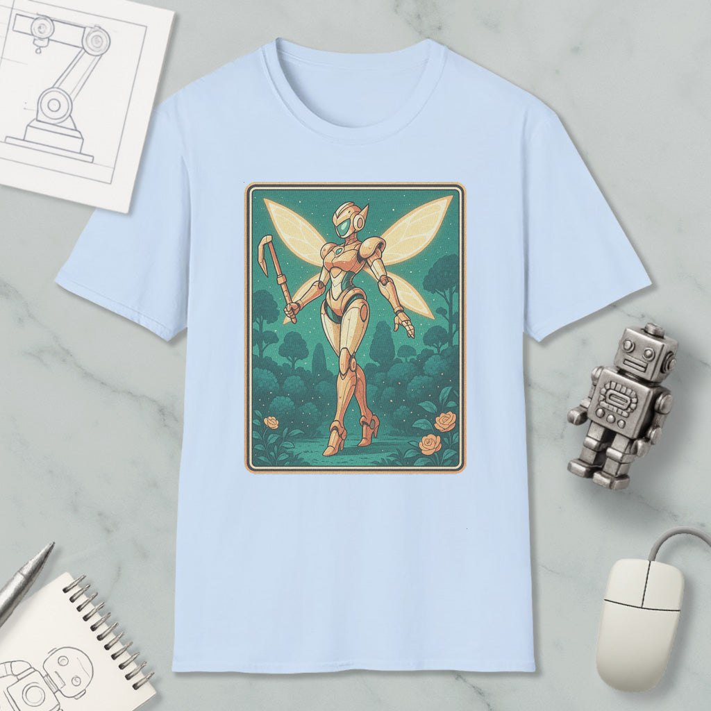 a light blue t-shirt with a graphic design depicting a fairy-like figure holding a staff and walking through a forest. The t-shirt is placed on a marble surface, surrounded by various objects such as a computer mouse, a pen, and a notebook.