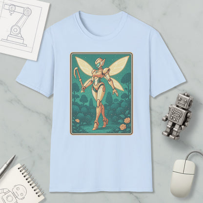 a light blue t-shirt with a graphic design depicting a fairy-like figure holding a staff and walking through a forest. The t-shirt is placed on a marble surface, surrounded by various objects such as a computer mouse, a pen, and a notebook.