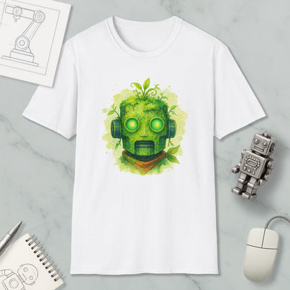 a white t-shirt with a green robot-like face design, surrounded by various objects such as a computer mouse, a notebook, and a small robot figurine.