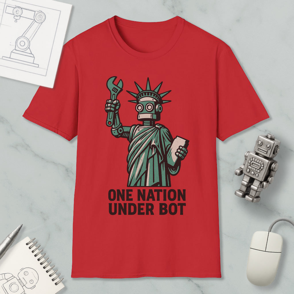 a red t-shirt with a graphic design of a robot holding a wrench and a book, accompanied by the text "ONE NATION UNDER BOT".
