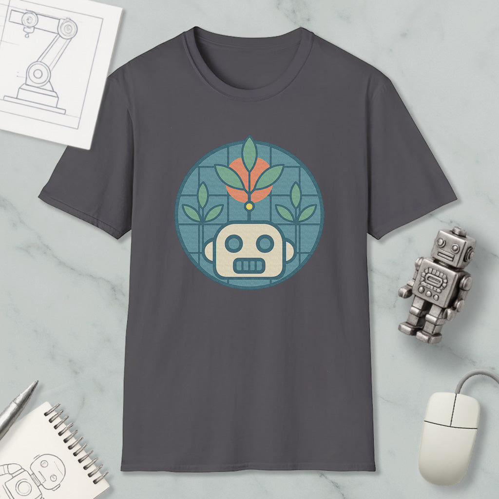 a gray t-shirt with a graphic design of a robot and plants, along with a computer mouse and a notebook on a marble surface.