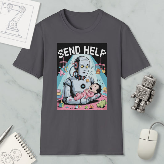 a gray t-shirt with a graphic design depicting a robot figure holding a baby, surrounded by various objects such as a computer mouse, a robot toy, and a notepad.