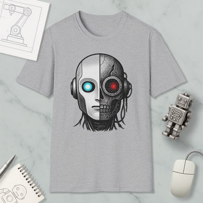 a gray t-shirt with a graphic design depicting a robot or cyborg head with a skull-like face, surrounded by various objects such as a computer mouse, a notebook, and a robot figurine.