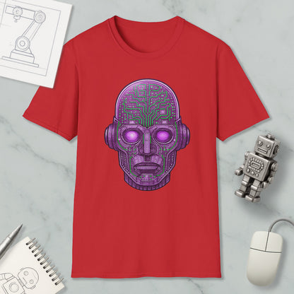 a red t-shirt with a purple robot or cyborg head design, along with various objects such as a computer mouse, a notebook, and a pen.
