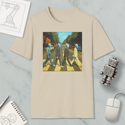 a t-shirt with a graphic design depicting four people walking on a crosswalk, with one person wearing a suit and tie.