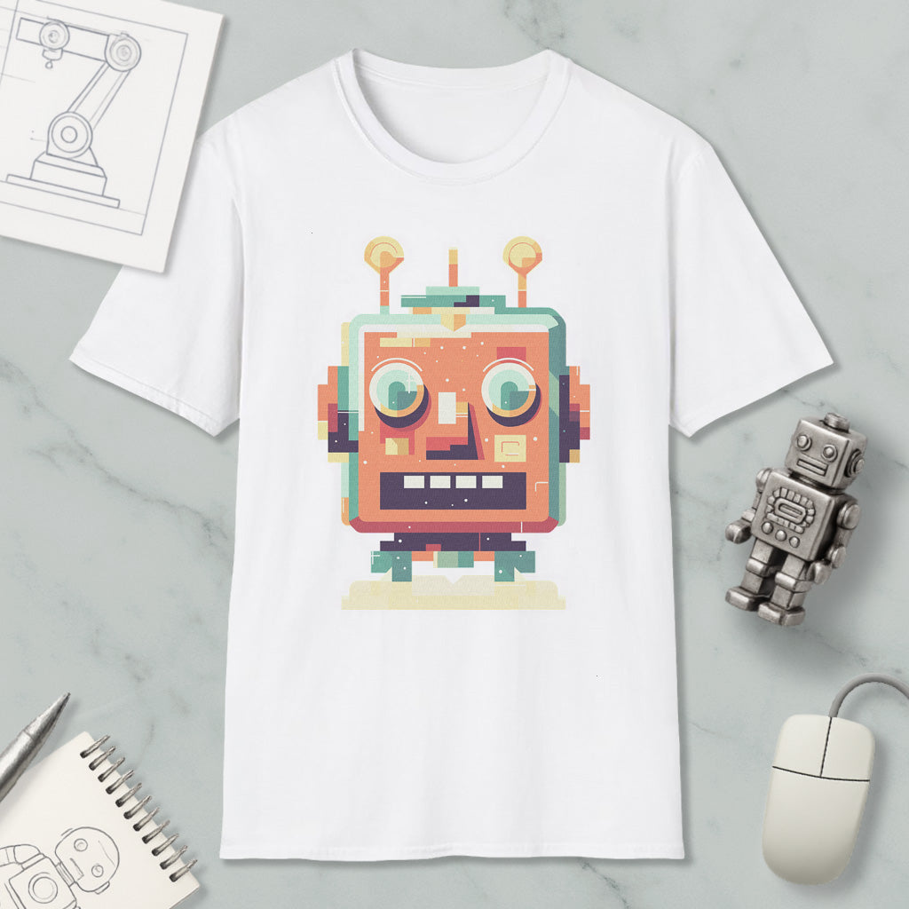 a white t-shirt with a colorful robot graphic printed on it, along with various objects such as a computer mouse, a notebook, and a pen.