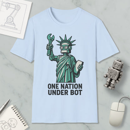 A light blue t-shirt with a graphic design depicting a robot figure holding a wrench and a tablet, accompanied by the text "ONE NATION UNDER BOT".