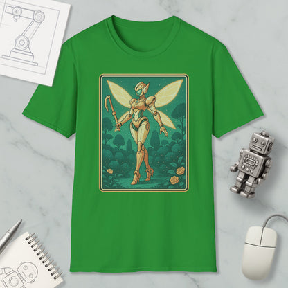 a green t-shirt with a graphic design depicting a fairy-like robot or character, surrounded by a forest scene. The t-shirt is placed on a marble surface, along with a computer mouse, a notebook, and a small robot figurine.