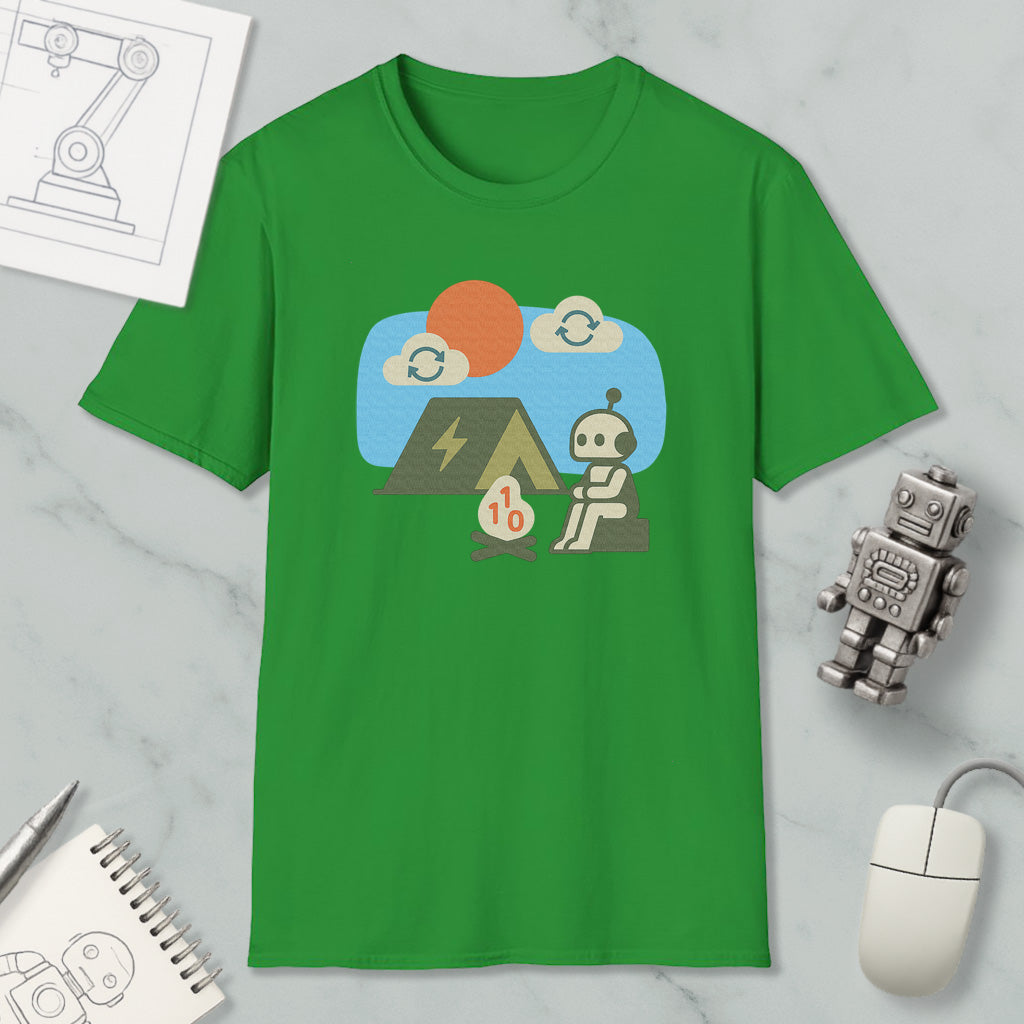 a green t-shirt with a graphic design depicting a robot sitting on a rock, with a sun and clouds in the background. The t-shirt is displayed on a marble surface, along with a computer mouse, a notebook, and a small robot figurine.