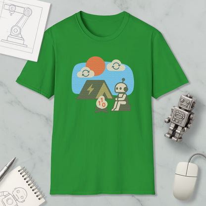 a green t-shirt with a graphic design depicting a robot sitting on a rock, with a sun and clouds in the background. The t-shirt is displayed on a marble surface, along with a computer mouse, a notebook, and a small robot figurine.