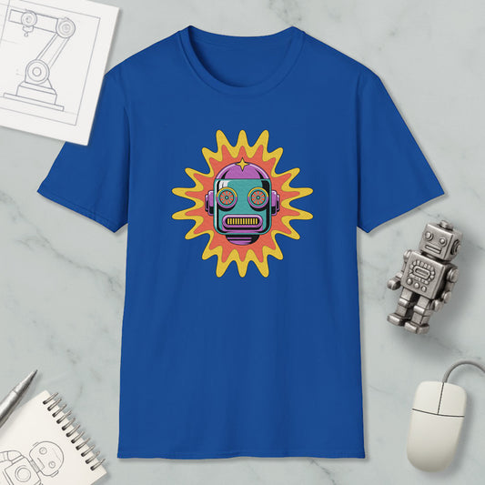 a blue t-shirt with a colorful robot design, along with a computer mouse, a notebook, and a sketch of a robot.