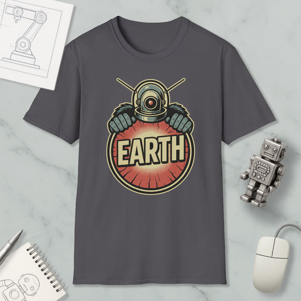 a gray t-shirt with a graphic design of a robot or alien figure holding a red circle with the word "EARTH" written on it. The t-shirt is displayed on a marble surface, along with a computer mouse, a notebook, and a small robot figurine.