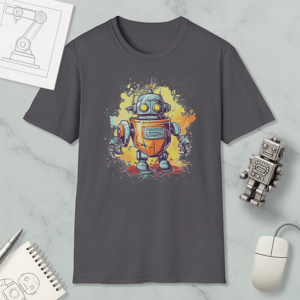 a gray t-shirt with a colorful illustration of a robot, along with various objects such as a computer mouse, a notebook, and a pen.