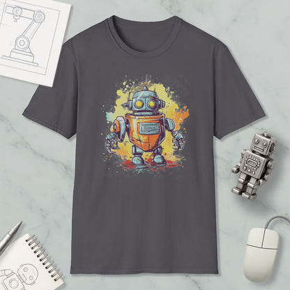 a gray t-shirt with a colorful illustration of a robot, along with various objects such as a computer mouse, a notebook, and a pen.