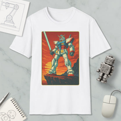 a white t-shirt with a graphic design of a robot or mechanical figure, along with a computer mouse and other office supplies.
