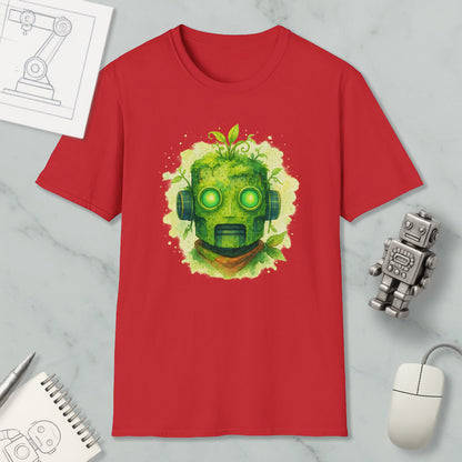 a red t-shirt with a green robot-like face design, surrounded by various objects such as a computer mouse, a notebook, and a sketch of a machine.