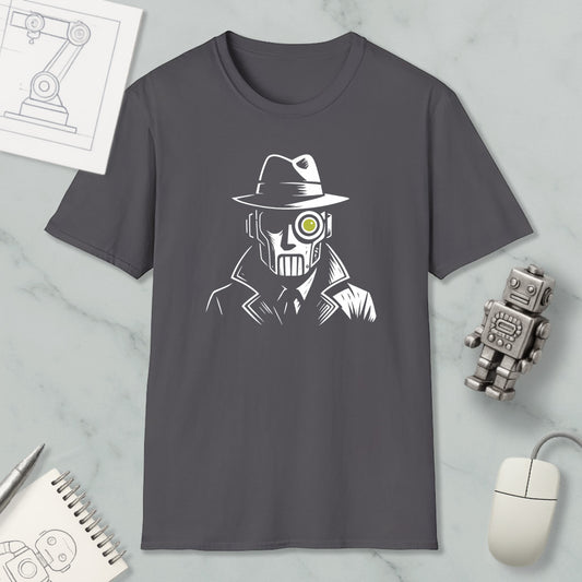 a gray t-shirt with a graphic design depicting a man wearing a hat and a mask, along with a yellow eye patch. The t-shirt is displayed on a marble surface, accompanied by various objects such as a computer mouse, a notebook, and a small robot.