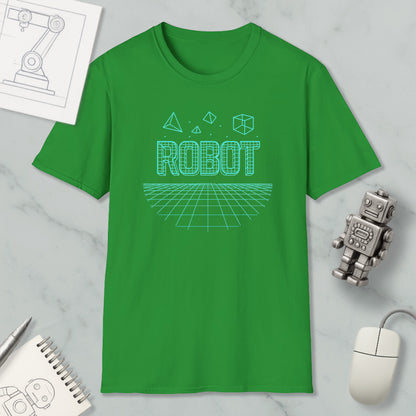a green t-shirt with the word "ROBOT" printed on it, along with various geometric shapes and a robot figure. The t-shirt is displayed on a marble surface, accompanied by a computer mouse, a notebook, and a pen.