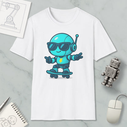 a white t-shirt with a cartoon robot riding a skateboard, accompanied by a computer mouse, a notebook, and a robot figurine.
