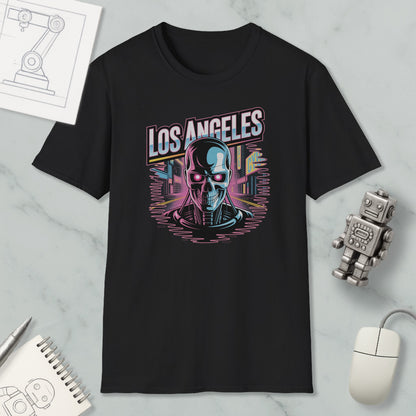 a black t-shirt with a graphic design of a skull and cityscape, along with a robot and a mouse.