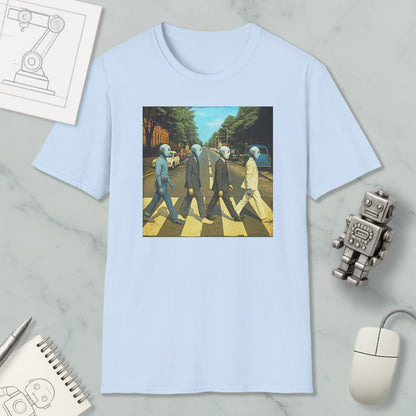 a light blue t-shirt with a graphic design depicting four people walking on a crosswalk, with one person wearing a suit and tie.